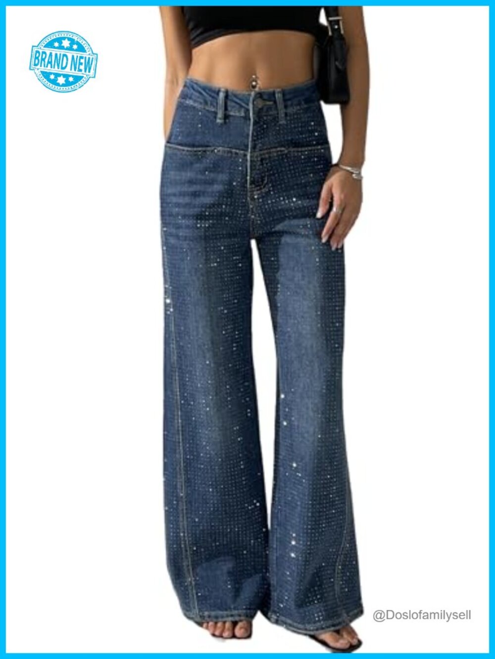 Rhinestone Wide Leg Flare Jeans High Waist Sequin Sparkle